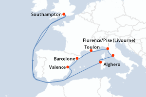 Carte de l'itinéraire de croisière Southampton-Southampton d'une durée de 14 jours