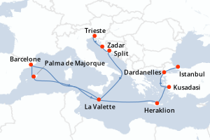 carte itinéraire croisière Adriatique 14 jours au départ du port de Trieste