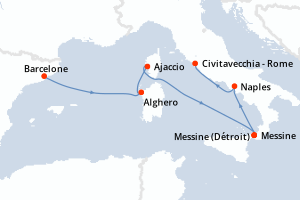 Carte de l'itinéraire de croisière Barcelone-Civitavecchia - Rome d'une durée de 7 jours