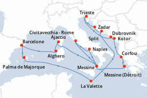 carte itinéraire croisière Sicile 21 jours au départ du port de Barcelone
