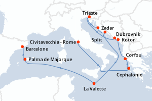 carte itinéraire croisière Méditerranée 14 jours au départ du port de Civitavecchia - Rome