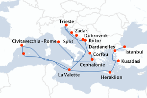 Carte de l'itinéraire de croisière Civitavecchia - Rome-Istanbul d'une durée de 21 jours