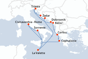 carte itinéraire croisière Méditerranée 14 jours au départ du port de Civitavecchia - Rome