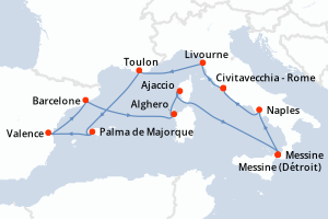 Carte de l'itinéraire de croisière Civitavecchia - Rome-Civitavecchia - Rome d'une durée de 14 jours