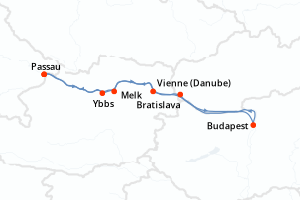 Carte itinéraire croisière Allemagne, Autriche, France, Hongrie, Slovaquie - 7 jours au départ de Passau - Danube