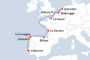 carte itinéraire croisière Atlantique 9 jours au départ du port de Le Havre