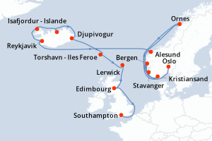 carte itinéraire croisière Fjörds norvégiens 15 jours au départ du port de Oslo