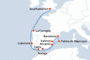 carte itinéraire croisière Europe du Nord 14 jours au départ du port de Southampton