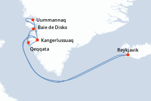 Carte de l'itinéraire de croisière Reykjavik-Reykjavik d'une durée de 11 jours
