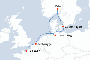 Carte de l'itinéraire de croisière Le Havre-Hambourg d'une durée de 6 jours