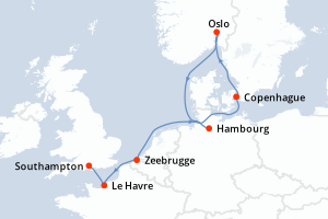 Carte itinéraire croisière Royaume-Uni, France, Belgique, , Danemark, Norvège, Allemagne - 7 jours au départ de Southampton - Europe du Nord