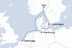 Carte de l'itinéraire de croisière Zeebrugge-Hambourg d'une durée de 5 jours
