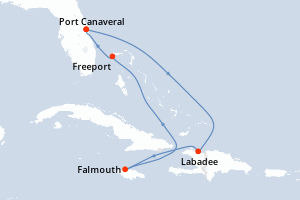 carte itinéraire croisière Caraïbes Bahamas 6 jours au départ du port de Port Canaveral