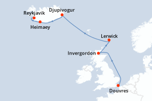 Carte de l'itinéraire de croisière Douvres-Reykjavik d'une durée de 7 jours