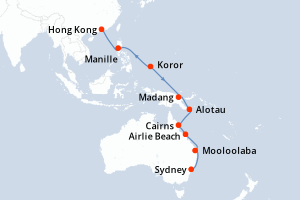 Carte de l'itinéraire de croisière Sydney-Hong Kong d'une durée de 21 jours