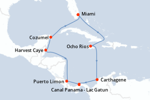 Carte de l'itinéraire de croisière Miami-Miami d'une durée de 11 jours