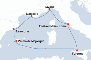 Carte itinéraire croisière Italie, France, Espagne, Baléares - 7 jours au départ de Civitavecchia - Rome - Méditerranée