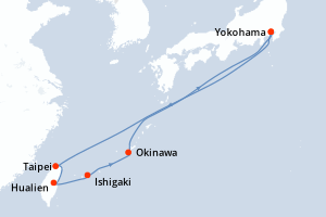 Carte de l'itinéraire de croisière Yokohama-Yokohama d'une durée de 9 jours