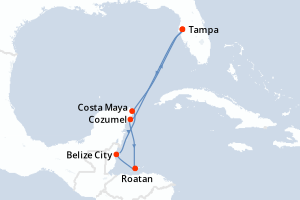 Carte itinéraire croisière Mexique, Honduras, Belize, États-Unis - 7 jours au départ de Tampa - Caraïbes Mexique