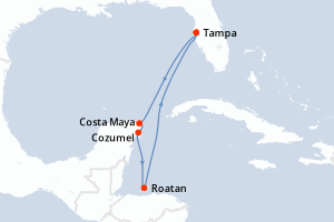 Carte itinéraire croisière Mexique , Honduras - 7 jours au départ de Tampa - Caraïbes Mexique