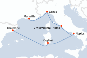 Carte itinéraire croisière Espagne, Italie, France - 6 jours au départ de Barcelone - Méditerranée