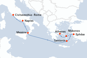 Carte de l'itinéraire de croisière Civitavecchia - Rome-Le Piree - Athenes d'une durée de 7 jours