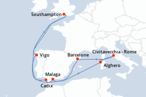 Carte itinéraire croisière Italie, Espagne, Royaume-Uni - 14 jours au départ de Southampton - Europe du Nord