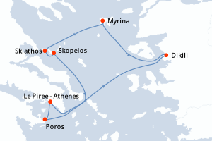Carte de l'itinéraire de croisière Le Piree - Athenes-Le Piree - Athenes d'une durée de 7 jours