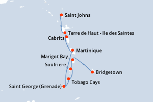 Carte de l'itinéraire de croisière Saint Johns-Bridgetown d'une durée de 7 jours