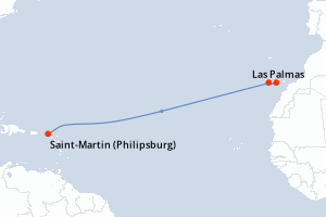Carte de l'itinéraire de croisière Las Palmas-Saint-Martin (Philipsburg) d'une durée de 15 jours
