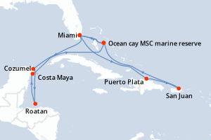 carte itinéraire croisière Caraïbes Bahamas 14 jours au départ du port de Miami