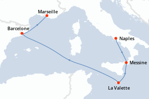 Carte de l'itinéraire de croisière Naples-Marseille d'une durée de 5 jours