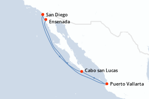 Carte itinéraire croisière États-Unis, Mexique - 7 jours au départ de San Diego - Riviera Mexicaine