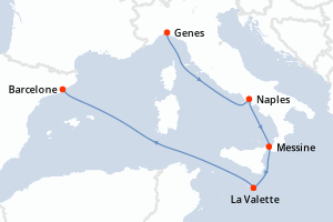 Carte itinéraire croisière Italie, Malte, , Espagne, France - 5 jours au départ de Genes - Méditerranée