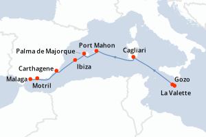 Carte de l'itinéraire de croisière La Valette-Malaga d'une durée de 10 jours
