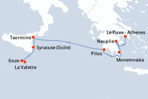 Carte de l'itinéraire de croisière Le Piree - Athenes-La Valette d'une durée de 8 jours