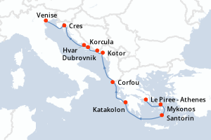 carte itinéraire croisière Méditerranée 11 jours au départ du port de Le Piree - Athenes