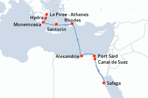 carte itinéraire croisière Mer Rouge Océan Indien 10 jours au départ du port de Le Piree - Athenes