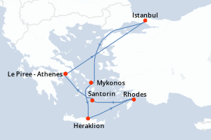 Carte de l'itinéraire de croisière Le Piree - Athenes-Le Piree - Athenes d'une durée de 7 jours