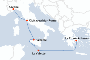 Carte de l'itinéraire de croisière Savone-Le Piree - Athenes d'une durée de 5 jours