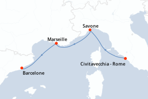 Carte itinéraire croisière Italie, France, Espagne - 3 jours au départ de Civitavecchia - Rome - Méditerranée