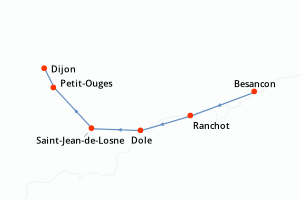 Carte de l'itinéraire de croisière Besancon-Dijon d'une durée de 6 jours