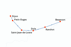 Carte de l'itinéraire de croisière Dijon-Besancon d'une durée de 6 jours