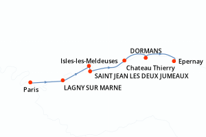 Carte de l'itinéraire de croisière Paris-Epernay d'une durée de 6 jours