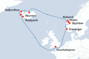 carte itinéraire croisière Fjörds norvégiens 14 jours au départ du port de Southampton