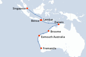 Carte de l'itinéraire de croisière Fremantle-Singapour d'une durée de 16 jours