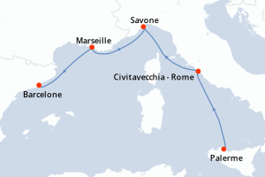 Carte itinéraire croisière Italie, France, Espagne - 4 jours au départ de Palerme - Méditerranée