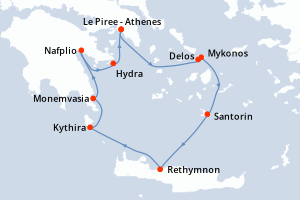 Carte de l'itinéraire de croisière Le Piree - Athenes-Le Piree - Athenes d'une durée de 7 jours