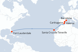 Carte de l'itinéraire de croisière Fort Lauderdale-Barcelone d'une durée de 14 jours