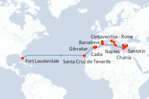 carte itinéraire croisière Transatlantique 26 jours au départ du port de Civitavecchia - Rome